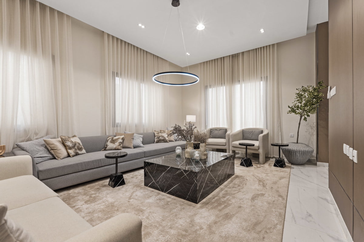 spacious living room with floor to celling window